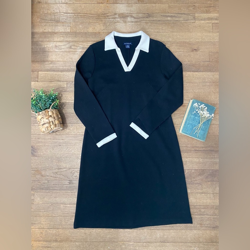 Elegant Ann Taylor Wool Blend Black Dress With White Collar